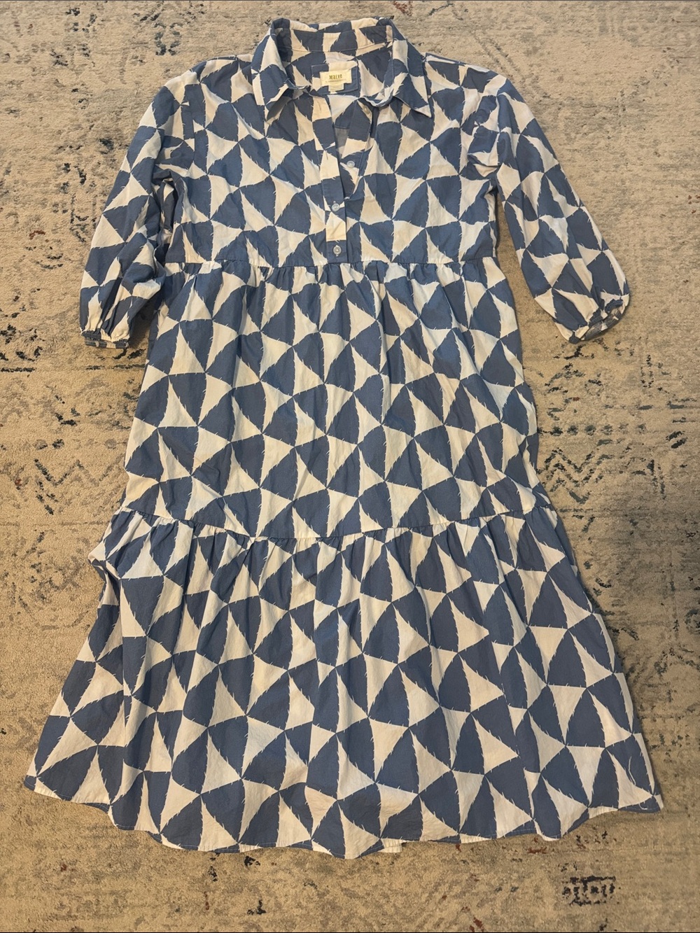 Maeve Blue & White Geometric Tiered Collared Maxi